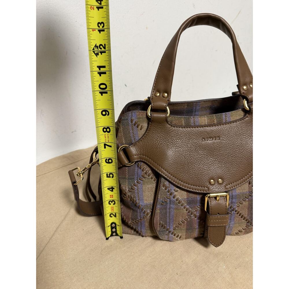 Aimee Satchel Bag Womens Medium Brown Leather Tweed Plaid Top Handle Crossbody - Picture 14 of 14